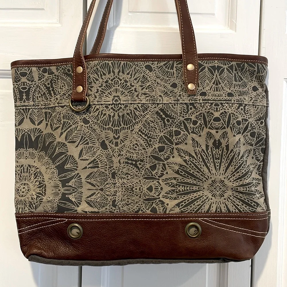 Myra Bag Boho Lace Print Upcycled Canvas and Genuine Leather Tote - Picture 1 of 5